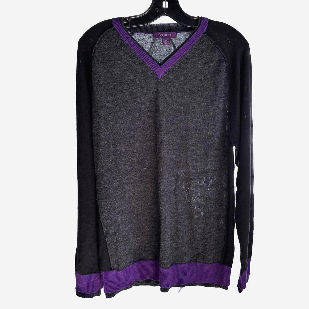 Solitude Men's Black / Purple V-Neck Merino Wool Blend Sweater - Size L/G